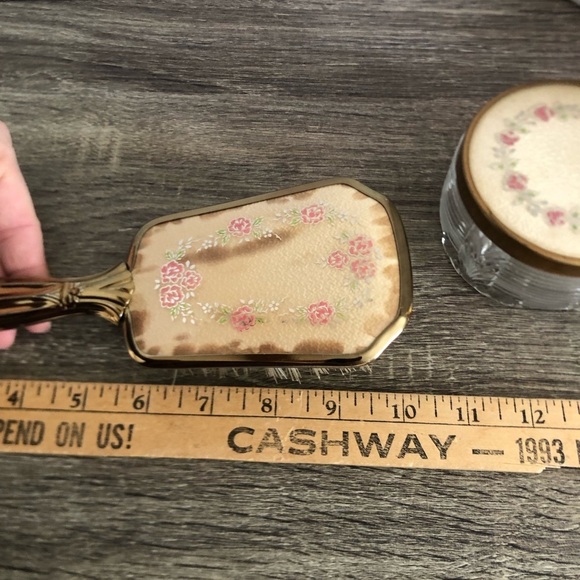 Vtg Gold Brush and Powder Jar Set with Floral Design - Picture 6 of 14